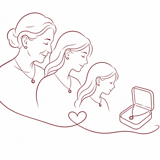 Minimal line art illustration of three women in profile looking at an open ring box, with a heart shape connecting them, rendered in a single dark red line on a white background.